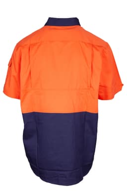 An orange and navy blue short-sleeve work shirt with a logo on the back.