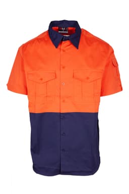 An orange and navy short sleeve work shirt made from 100% combed cotton, featuring chest pockets and a logo.