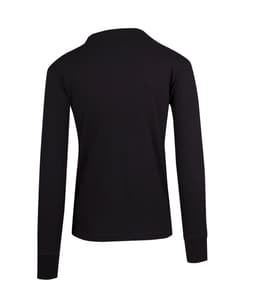 A black long-sleeve T-shirt displayed from the back, featuring a simple design and cuffed sleeves.