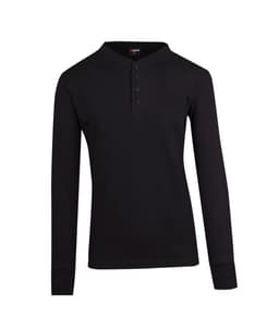 A black long-sleeve men's Hanley T-shirt with a buttoned neckline and fitted sleeves.