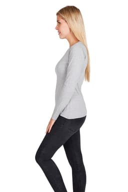 A grey women's long sleeve T-shirt with a fitted design, displayed on a model side profile. Features a logo.