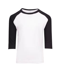 A white kids' T-shirt with black 3/4 raglan sleeves and a logo on the front.