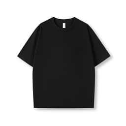 A black oversized T-shirt made of 230gsm 100% organic cotton, featuring a simple design and a logo.
