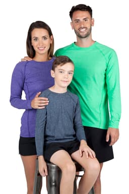 A purple long sleeve t-shirt on a woman, a grey long sleeve on a boy, and a green long sleeve on a man, all seated.