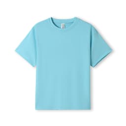 A light blue kid's regular T-shirt with short sleeves and a branded label on the neck.