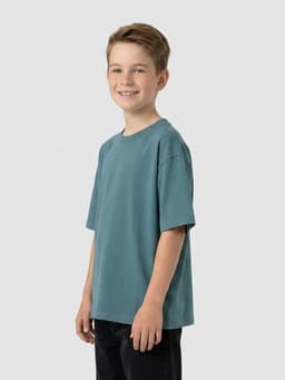 A kid's faded teal t-shirt in 100% organic cotton, featuring a relaxed fit and short sleeves.