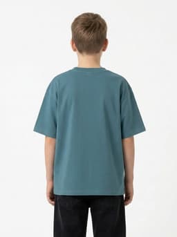 A back view of a kid wearing a faded teal 100% organic cotton t-shirt with short sleeves.