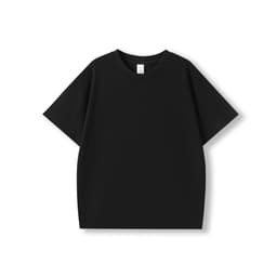 A black T-shirt made from 240GSM 100% organic cotton, featuring a simple design and a logo.