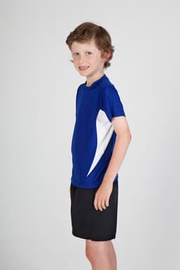 A blue Kids Accelerator Cool-Dry T-shirt with white accents, displayed on a smiling child, paired with black shorts.