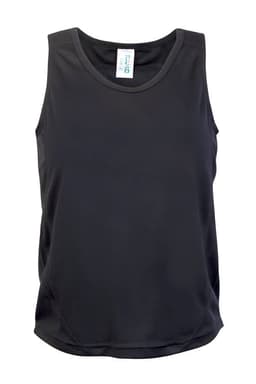 A black kids' singlet featuring a sleeveless design and a logo on the label.
