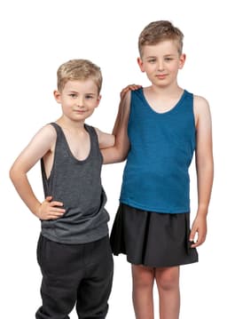 Two children wearing kids' singlets, one in grey and the other in blue, paired with dark shorts and a skirt.