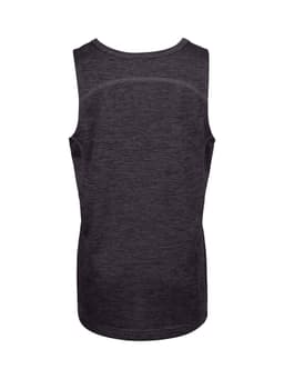 A black singlet made from 100% polyester, featuring a simple design and a logo.