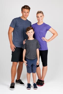 A group of three models wearing heather T-shirts in dark grey and purple, paired with shorts and leggings.