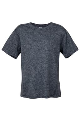 A grey heather kids' t-shirt with short sleeves, featuring a simple design and a logo.