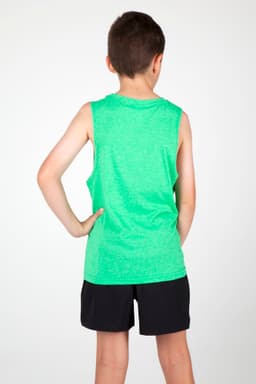 A green sleeveless children's tank top, displayed from the back, paired with black shorts. The garment has a logo.