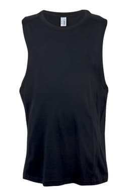 A black sleeveless tank top featuring a simple design and a branding logo.