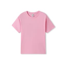 A pink organic T-shirt with short sleeves, featuring a label and a simple design.