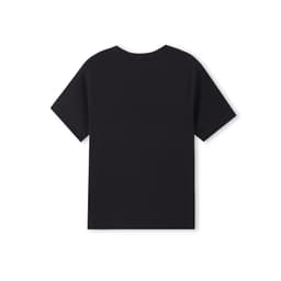 A black organic kids' t-shirt featuring a classic short-sleeve design. There is a logo on the garment.