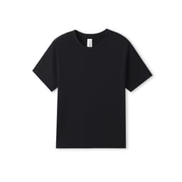A black organic T-shirt for kids with short sleeves, featuring a label and no visible logos.
