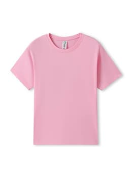 A pink organic T-shirt with a simple design, featuring a label and no visible branding.