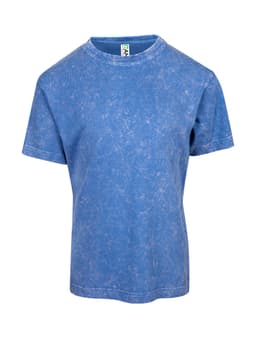 A blue stone wash T-shirt with a crew neck and short sleeves, featuring a logo on the label.