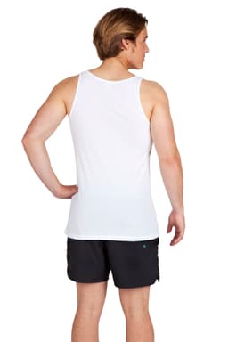A man wearing a white singlet and black shorts, viewed from behind. The singlet features a logo.