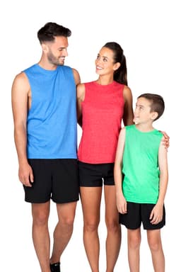 A group of three people wearing sleeveless tees in blue, red, and green, paired with black shorts. 