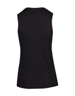 A black sleeveless women's tee from the Greatness Range, featuring a fitted silhouette and a plain back design.
