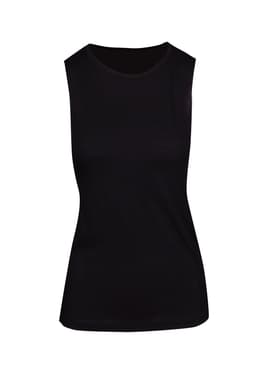 A black sleeveless tee from the Greatness Range, featuring a smooth, fitted design and casual style.