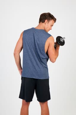 A man wearing a navy sleeveless tee and black shorts, holding a dumbbell while looking back. The tee has a logo.