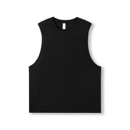 A black sleeveless tee from the Greatness Range, featuring a simple design and a logo.