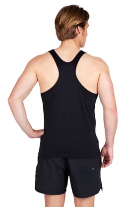 A black men’s T-back singlet with a racerback design, featuring a logo on the back.