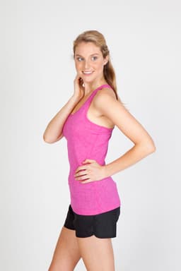 A pink athletic T-back singlet displayed on a model, paired with black shorts, showcasing a fitted style.