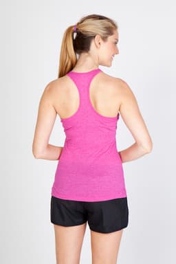 A pink athletic T-back singlet viewed from the back, paired with black shorts. The top features a branding logo.