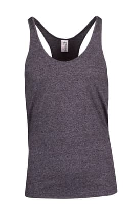 A grey athletic T-back singlet featuring a sleek design and a logo on the label.