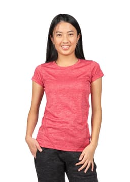 A women's red 100% polyester T-shirt with short sleeves and a fitted style, featuring a logo.