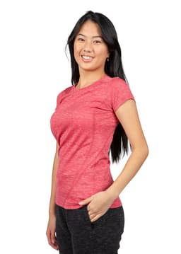 A women's short-sleeve T-shirt in a vibrant red colour, made of 100% polyester, featuring a logo.