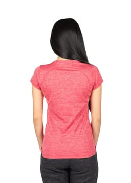 A women's short-sleeve T-shirt in a pink melange fabric, featuring a back view. The shirt has a branding logo.
