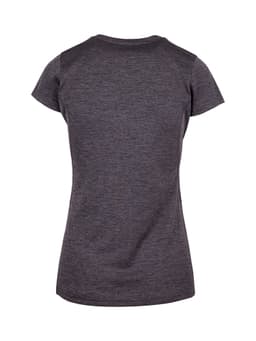 A dark grey Women's Challenger 100% polyester T-shirt with a fitted design and short sleeves. It features a logo.