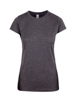A lightweight women's T-shirt in dark grey, featuring short sleeves and a fitted design. It has a logo on the label.