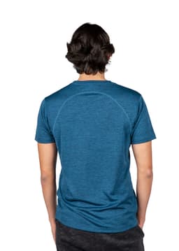 A blue unisex short-sleeve T-shirt with a logo on the back, made from 100% polyester.