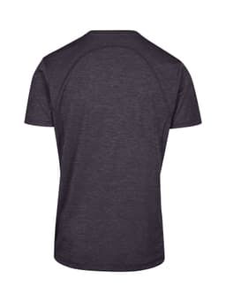 A dark grey polyester T-shirt with a simple design and a logo on the back.