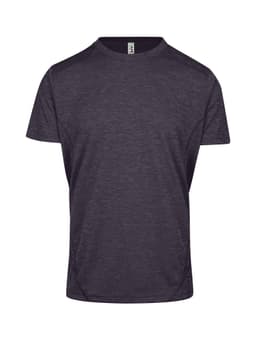 A unisex challenger t-shirt in dark grey, made from 100% polyester, featuring a logo on the label.