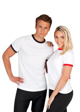 A white unisex ringer t-shirt featuring navy and red contrasting collar trims, modelled by two people.