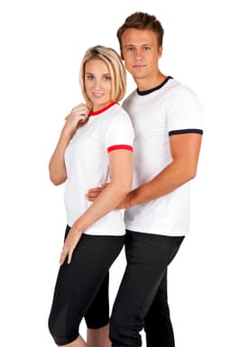 A white unisex ringer T-shirt with red and navy accents, displayed on a male and female model.