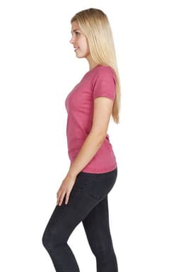 A women's short-sleeve t-shirt in a marl pink colour, displayed on a model from the side. It has a logo.