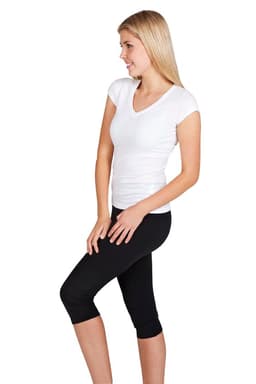 A white women's V-neck T-shirt paired with black leggings, featuring a fitted style and short sleeves.