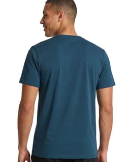 A unisex earth care t-shirt in a deep teal colour, featuring a logo on the back.