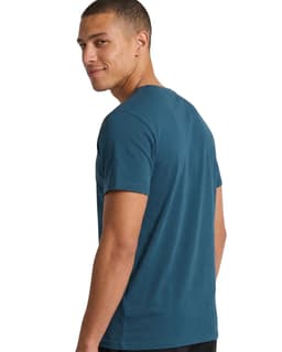 A men's unisex T-shirt in a deep blue colour, featuring a simple design and a logo on the back.