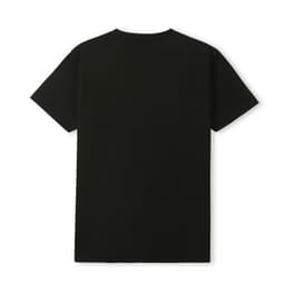 A black unisex T-shirt featuring a simple design and a logo on the back.